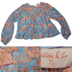 NEW HALEY & COMPANY BLUE CORAL BOHO FLORAL BALLOON SLEEVE BLOUSE TOP SMALL NWT